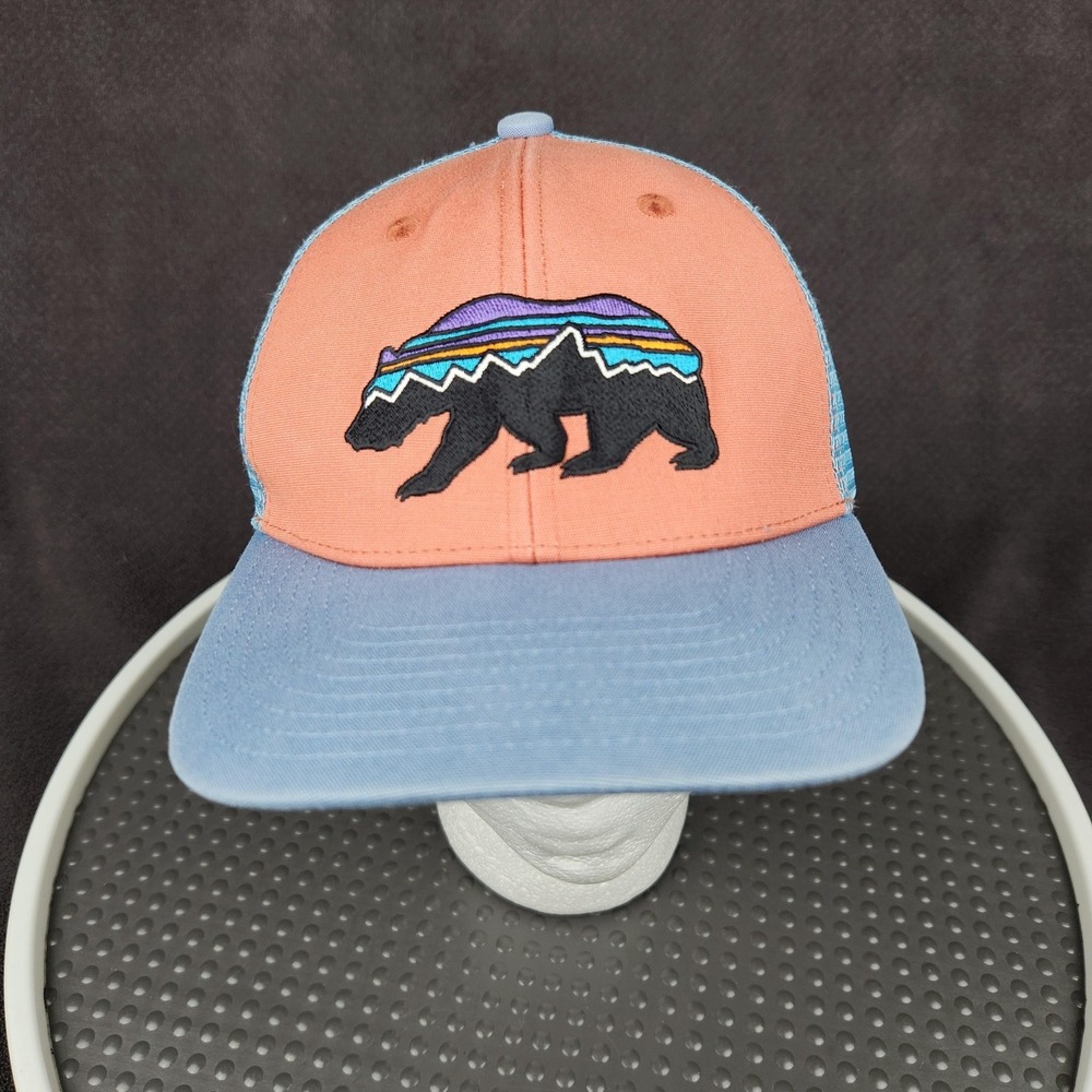 Patagonia Fitz Roy Bear Trucker Hat Cap Snap Back Blue Orange Mesh Kids One Size